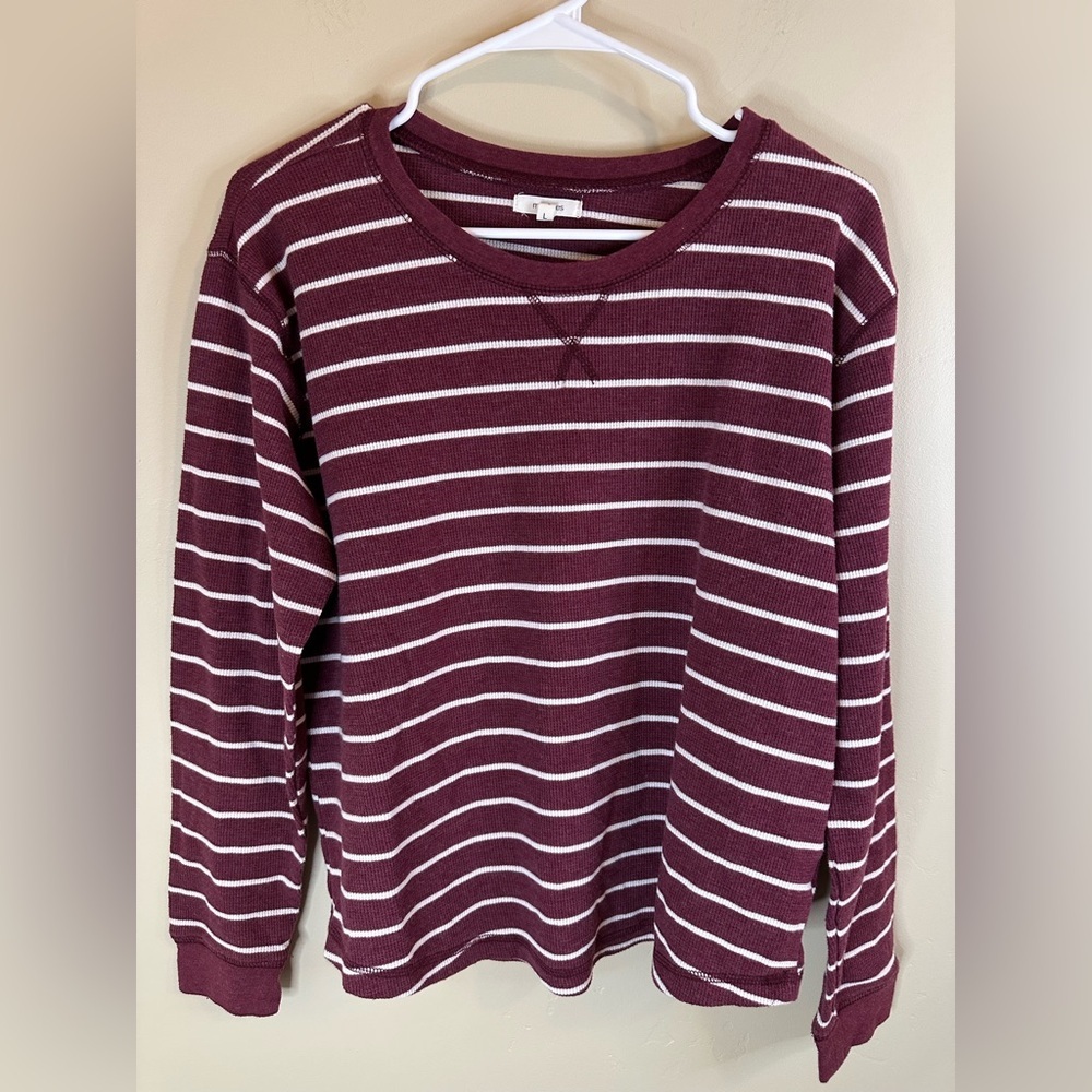 Maurices LARGE Burgundy and White Striped Waffle Henley Long Sleeve Top